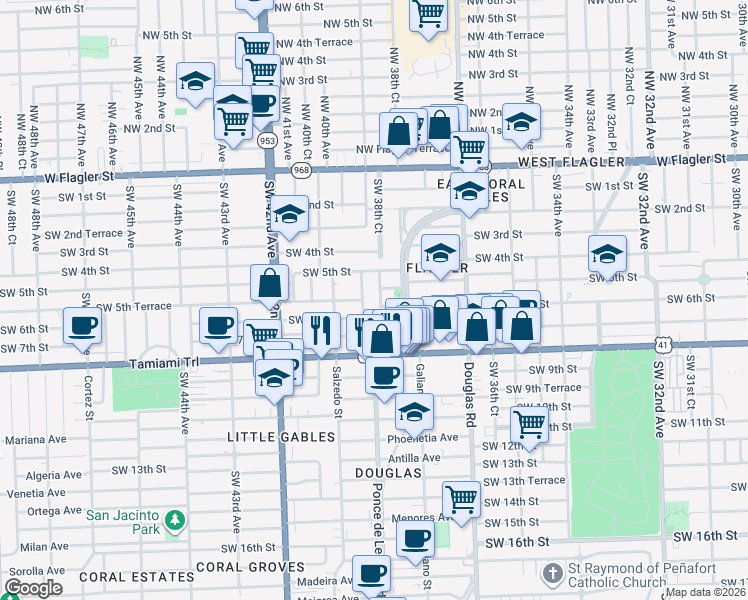 map of restaurants, bars, coffee shops, grocery stores, and more near 504 Boabadilla Street in Coral Gables