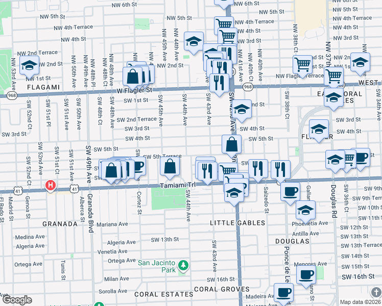 map of restaurants, bars, coffee shops, grocery stores, and more near 4350 Southwest 5th Street in Coral Gables