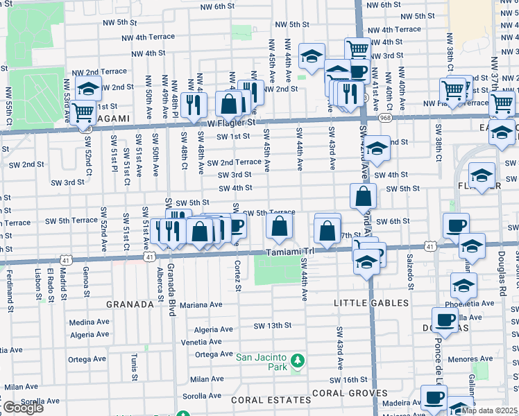 map of restaurants, bars, coffee shops, grocery stores, and more near 4490 Southwest 5th Street in Miami