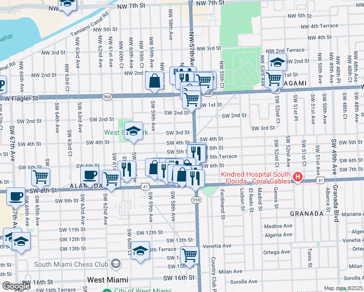 map of restaurants, bars, coffee shops, grocery stores, and more near 5741 Southwest 4th Street in Miami