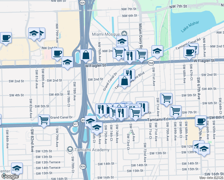 map of restaurants, bars, coffee shops, grocery stores, and more near 382 Tamiami Canal Road in Miami