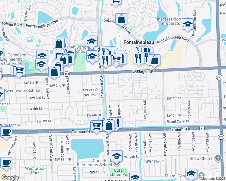 map of restaurants, bars, coffee shops, grocery stores, and more near 225 Southwest 96th Court in Miami