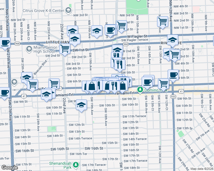 map of restaurants, bars, coffee shops, grocery stores, and more near 619 Southwest 18th Avenue in Miami