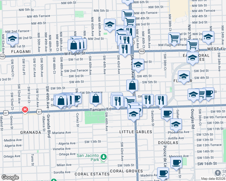 map of restaurants, bars, coffee shops, grocery stores, and more near 4350 Southwest 5th Street in Coral Gables