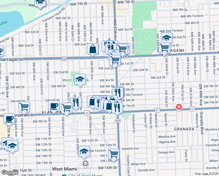map of restaurants, bars, coffee shops, grocery stores, and more near 5741 Southwest 4th Street in Miami