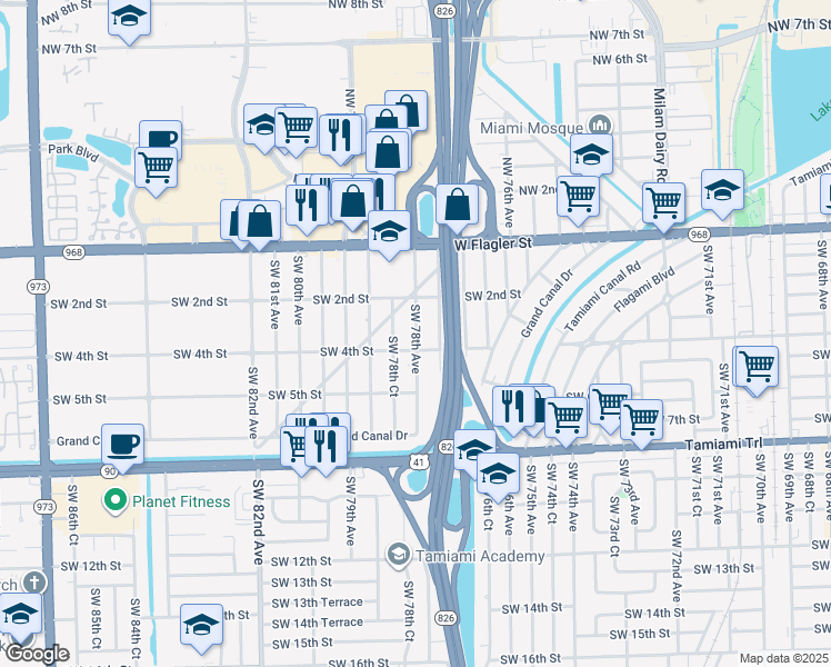 map of restaurants, bars, coffee shops, grocery stores, and more near 322 Southwest 78th Avenue in Miami