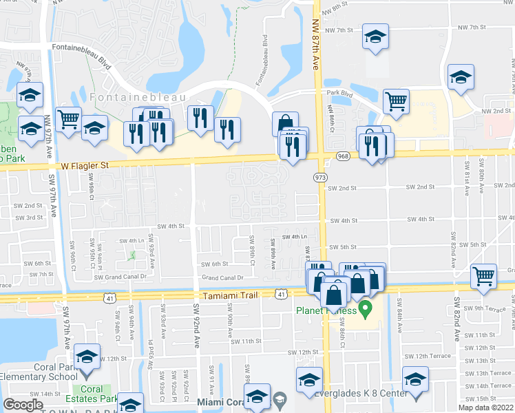 map of restaurants, bars, coffee shops, grocery stores, and more near 8882 West Flagler Street in Miami