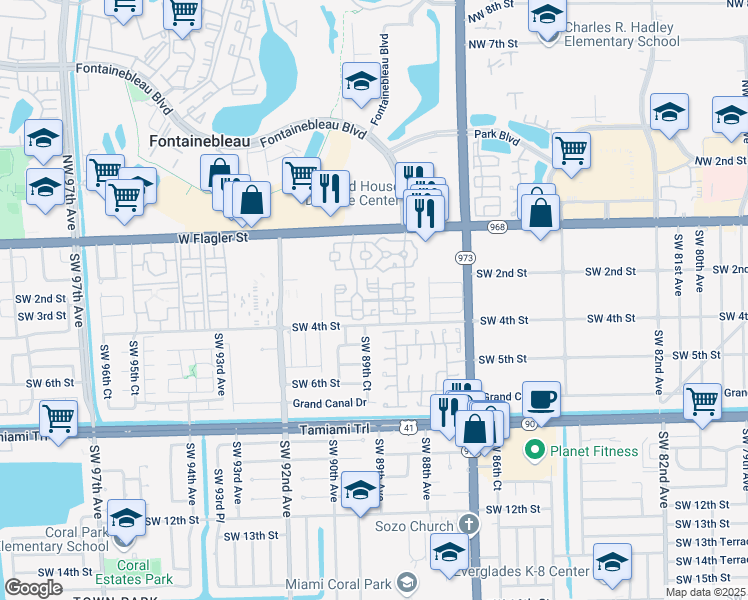 map of restaurants, bars, coffee shops, grocery stores, and more near 9030 West Flagler Street in Miami