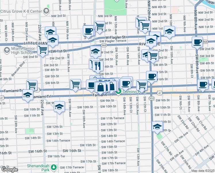 map of restaurants, bars, coffee shops, grocery stores, and more near 628 Southwest 16th Avenue in Miami
