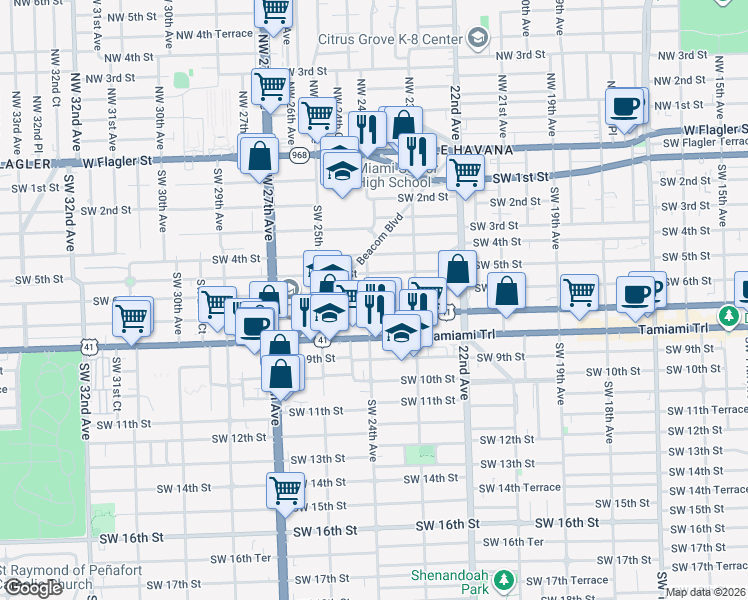 map of restaurants, bars, coffee shops, grocery stores, and more near 2400 Southwest 6th Street in Miami