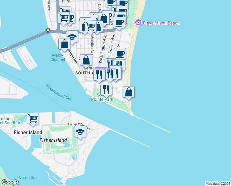 map of restaurants, bars, coffee shops, grocery stores, and more near 100 South Pointe Drive in Miami Beach