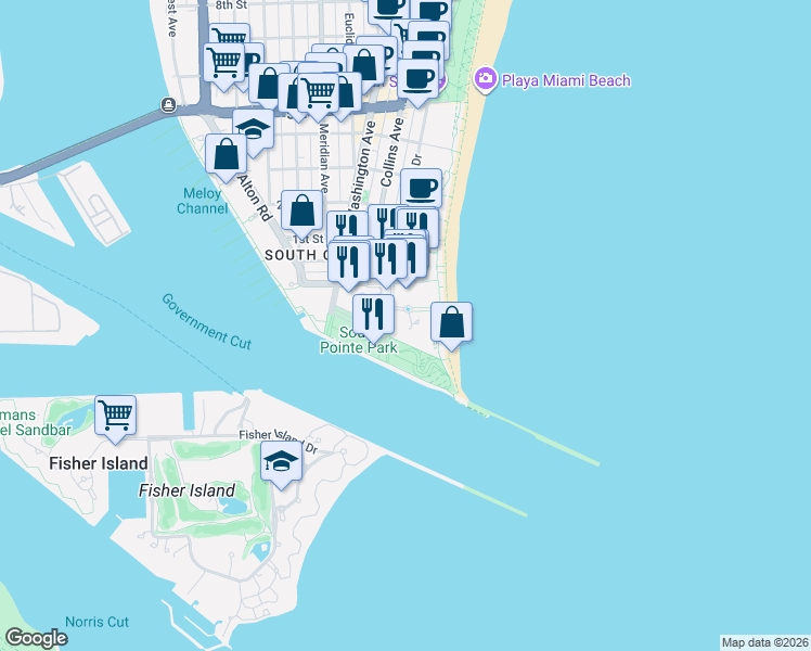 map of restaurants, bars, coffee shops, grocery stores, and more near 100 South Pointe Drive in Miami Beach