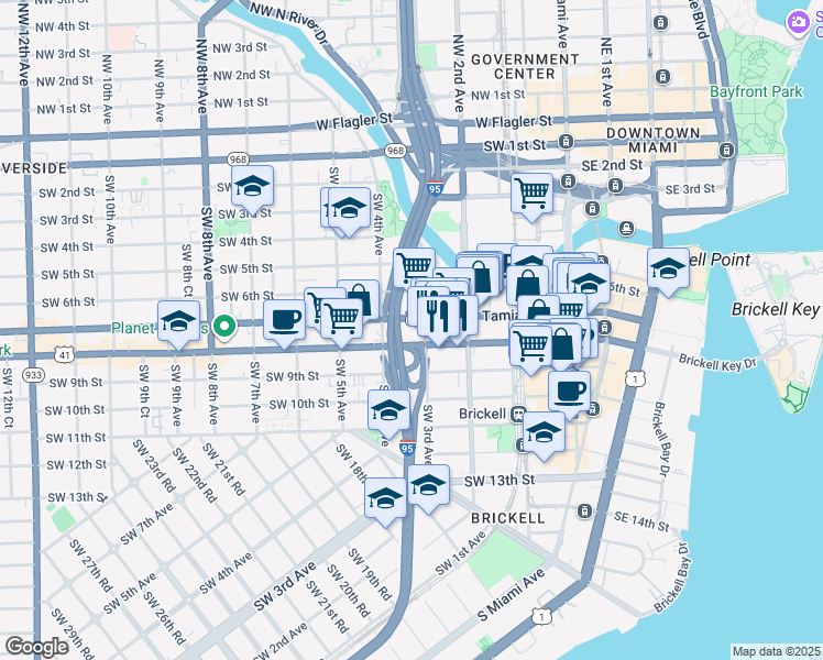 map of restaurants, bars, coffee shops, grocery stores, and more near 296 Southwest 7th Street in Miami