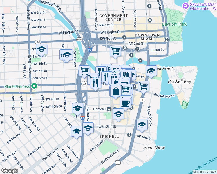 map of restaurants, bars, coffee shops, grocery stores, and more near 102 Southwest 7th Street in Miami