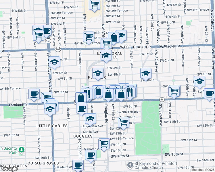 map of restaurants, bars, coffee shops, grocery stores, and more near 3674 Southwest 5th Terrace in Miami