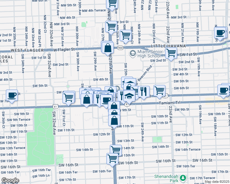 map of restaurants, bars, coffee shops, grocery stores, and more near 627 Florida 9 in Miami