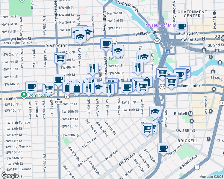 map of restaurants, bars, coffee shops, grocery stores, and more near in Miami
