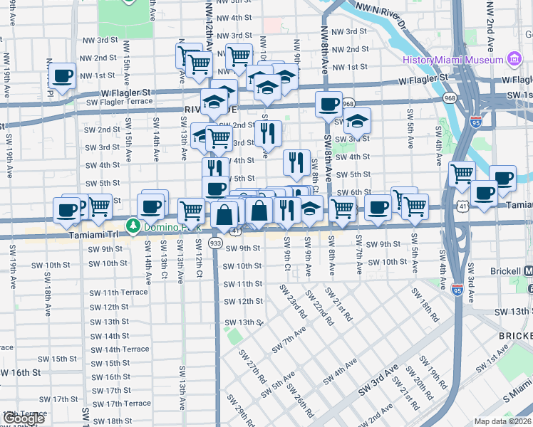 map of restaurants, bars, coffee shops, grocery stores, and more near 991 Southwest 7th Street in Miami