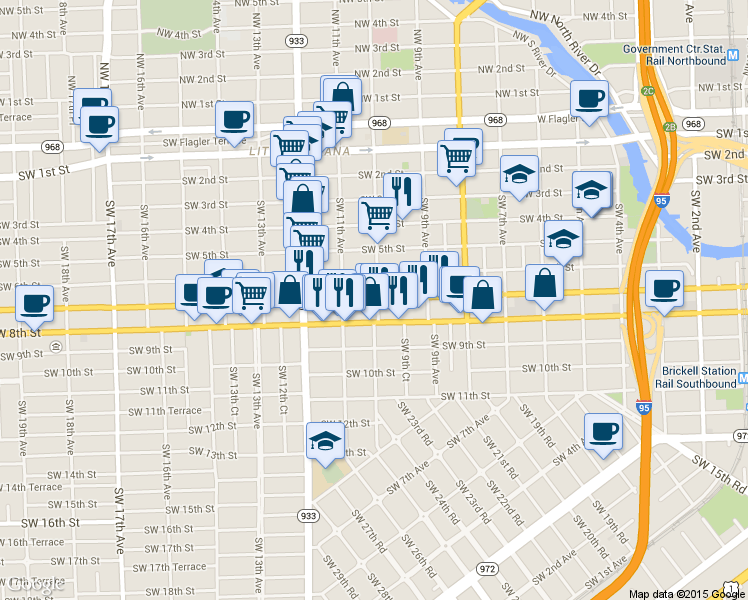map of restaurants, bars, coffee shops, grocery stores, and more near 991 Southwest 7th Street in Miami
