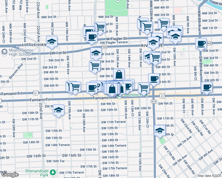 map of restaurants, bars, coffee shops, grocery stores, and more near 1521 Southwest 7th Street in Miami