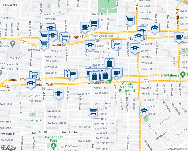 map of restaurants, bars, coffee shops, grocery stores, and more near 628 Southwest 16th Avenue in Miami
