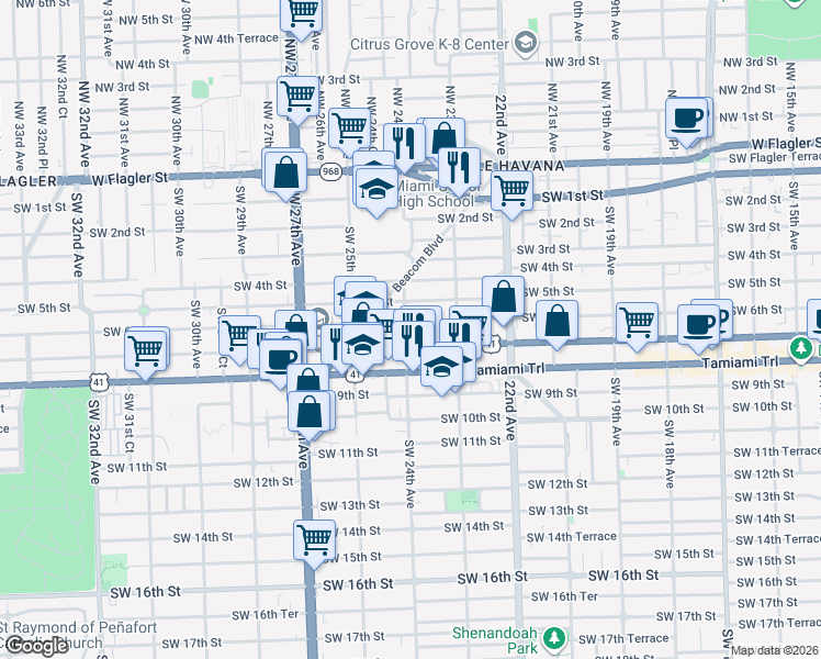 map of restaurants, bars, coffee shops, grocery stores, and more near 2400 Southwest 6th Street in Miami