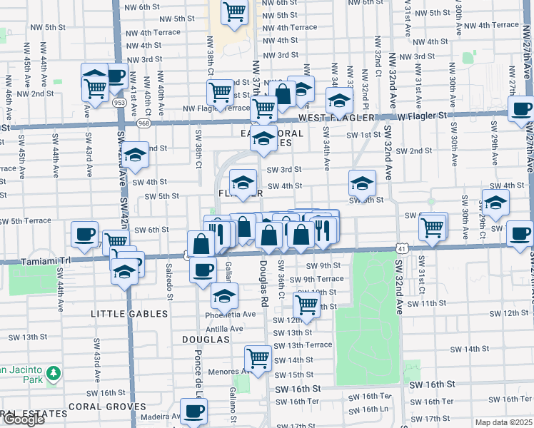 map of restaurants, bars, coffee shops, grocery stores, and more near 3674 Southwest 5th Terrace in Miami