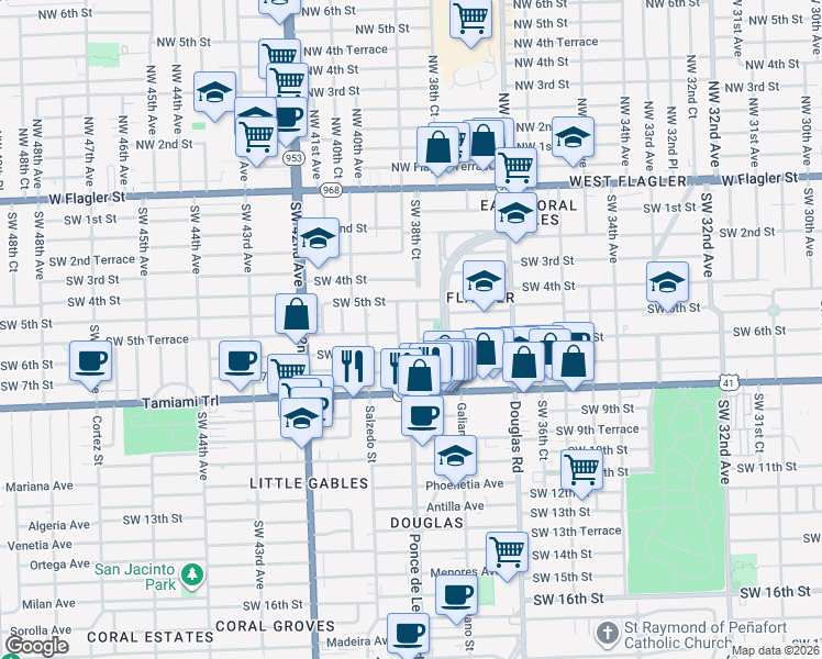 map of restaurants, bars, coffee shops, grocery stores, and more near 504 Boabadilla Street in Coral Gables