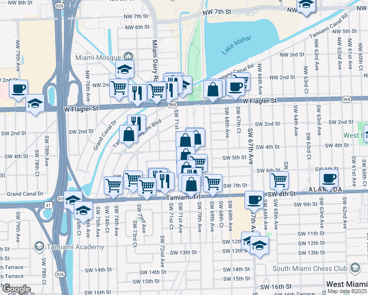 map of restaurants, bars, coffee shops, grocery stores, and more near 321 Southwest 71st Avenue in Miami