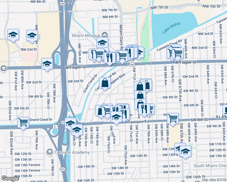 map of restaurants, bars, coffee shops, grocery stores, and more near 300 Southwest 72nd Court in Miami