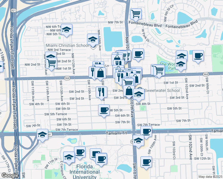 map of restaurants, bars, coffee shops, grocery stores, and more near 10851 Southwest 2nd Street in Miami