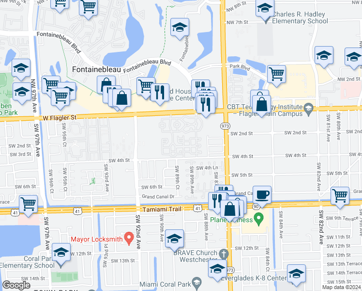 map of restaurants, bars, coffee shops, grocery stores, and more near 8930 West Flagler Street in Miami