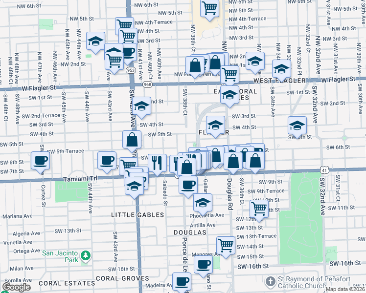 map of restaurants, bars, coffee shops, grocery stores, and more near 504 Boabadilla Street in Coral Gables