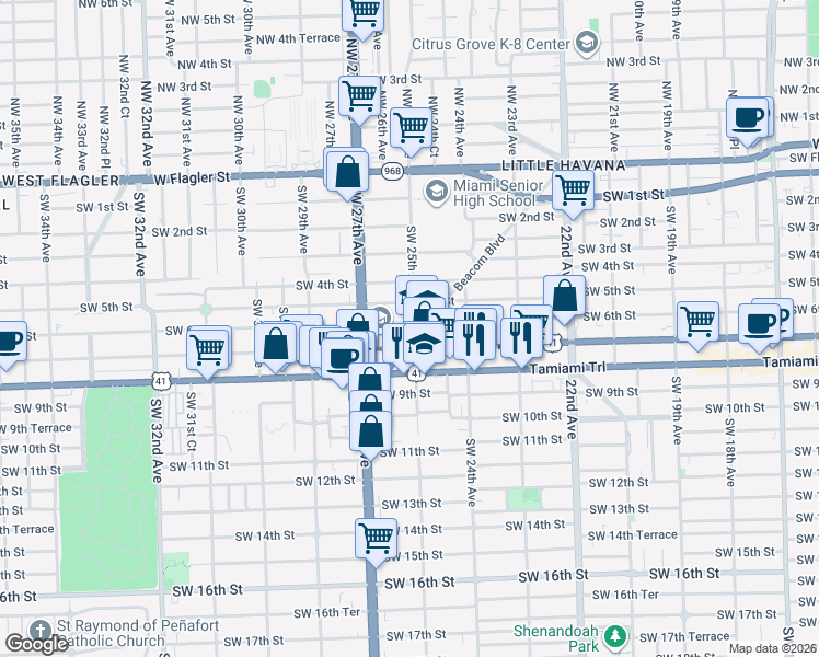 map of restaurants, bars, coffee shops, grocery stores, and more near 2491 Southwest 6th Street in Miami