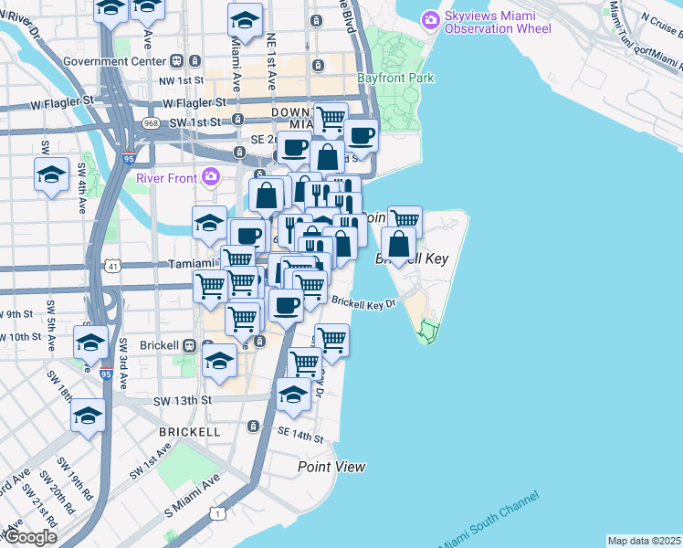 map of restaurants, bars, coffee shops, grocery stores, and more near 701 Brickell Avenue in Miami