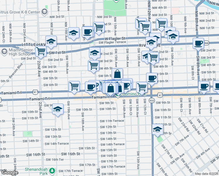 map of restaurants, bars, coffee shops, grocery stores, and more near 1521 Southwest 7th Street in Miami