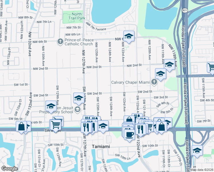 map of restaurants, bars, coffee shops, grocery stores, and more near 100 Southwest 124th Avenue in Miami