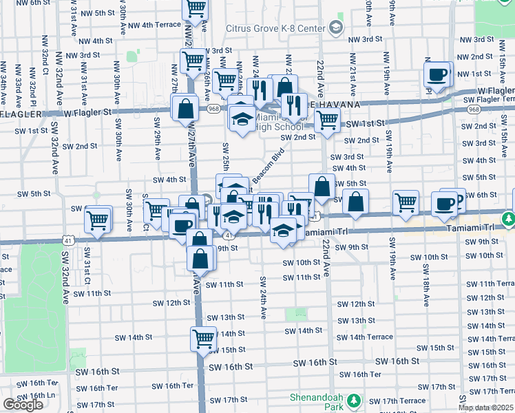 map of restaurants, bars, coffee shops, grocery stores, and more near 2400 Southwest 6th Street in Miami