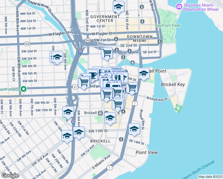 map of restaurants, bars, coffee shops, grocery stores, and more near 88 Southwest 7th Street in Miami
