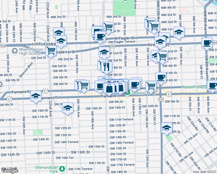 map of restaurants, bars, coffee shops, grocery stores, and more near 628 Southwest 16th Avenue in Miami