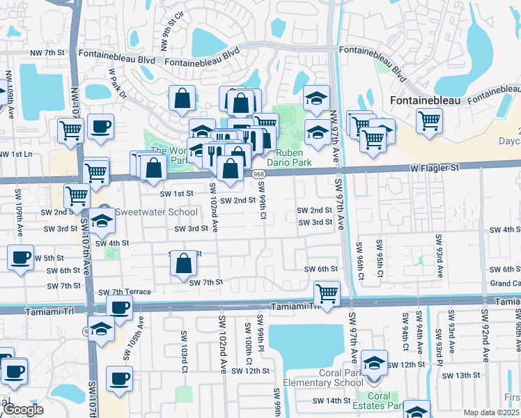 map of restaurants, bars, coffee shops, grocery stores, and more near 9965 Southwest 2nd Terrace in Miami