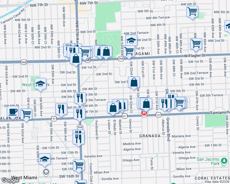 map of restaurants, bars, coffee shops, grocery stores, and more near 5401 Southwest 5th Street in Coral Gables