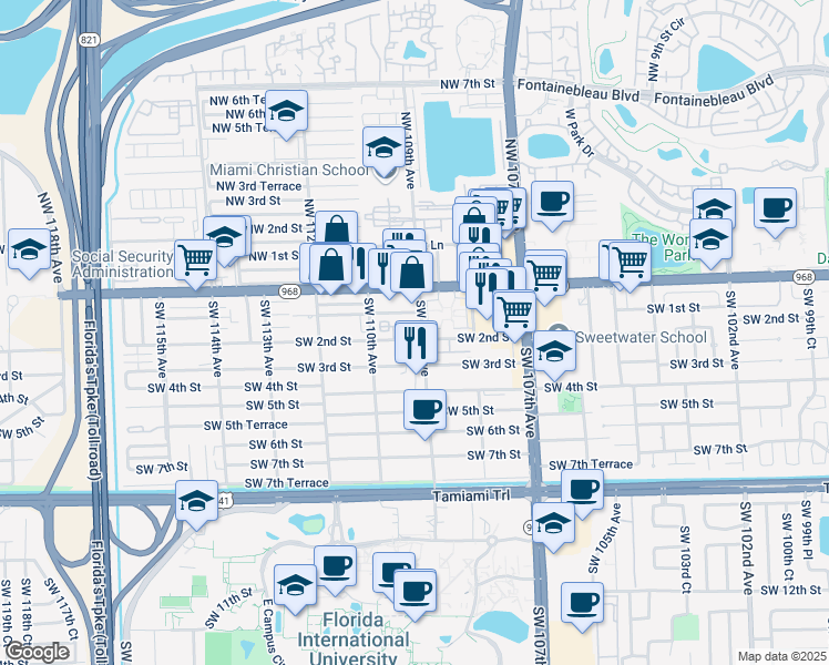 map of restaurants, bars, coffee shops, grocery stores, and more near 144 Southwest 109th Avenue in Miami