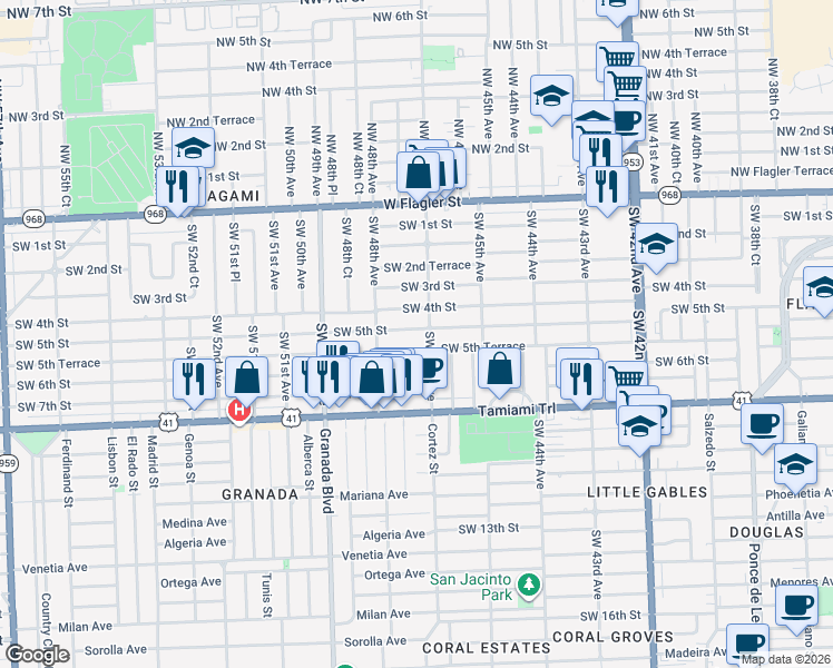 map of restaurants, bars, coffee shops, grocery stores, and more near 4740 Southwest 5th Street in Coral Gables