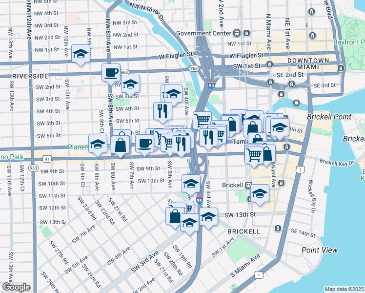 map of restaurants, bars, coffee shops, grocery stores, and more near 460 Southwest 7th Street in Miami