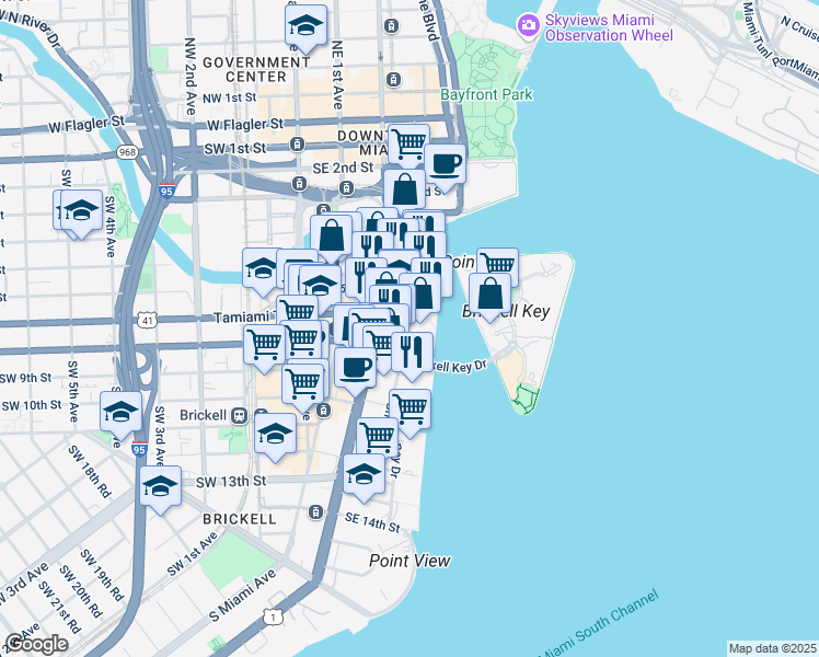 map of restaurants, bars, coffee shops, grocery stores, and more near 701 Brickell Avenue in Miami