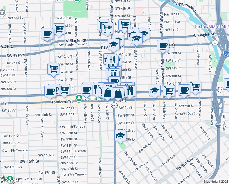 map of restaurants, bars, coffee shops, grocery stores, and more near 639 SW 12th Ave in Miami
