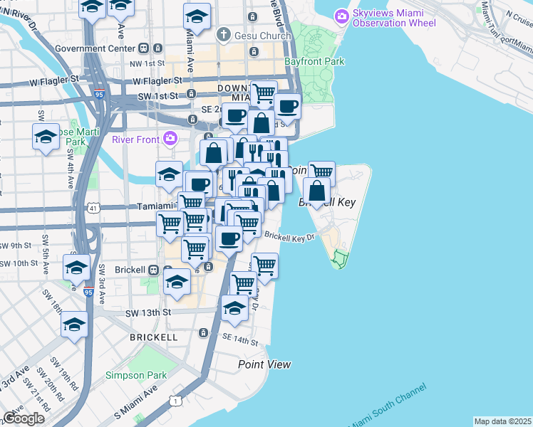 map of restaurants, bars, coffee shops, grocery stores, and more near 701 Brickell Avenue in Miami