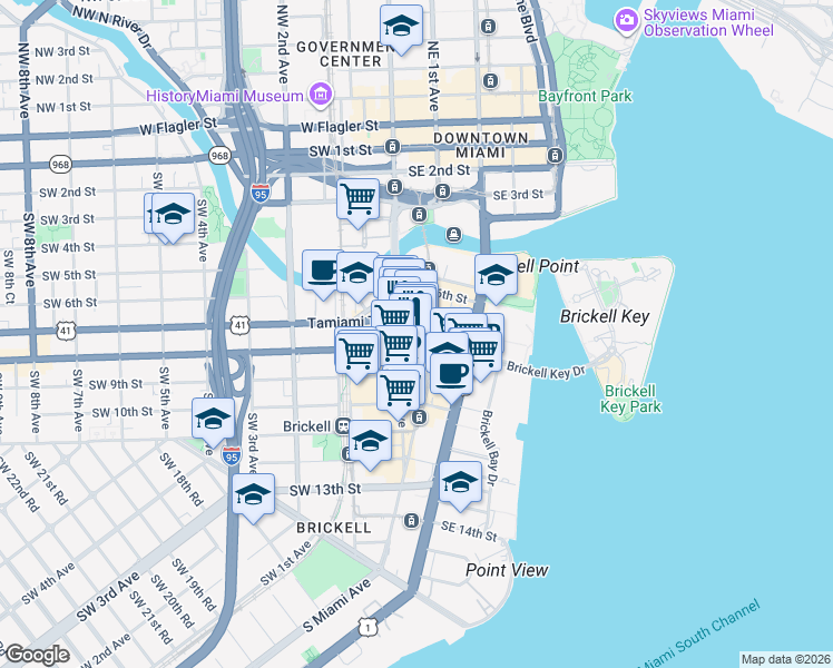 map of restaurants, bars, coffee shops, grocery stores, and more near 3 Southwest 8th Street in Miami