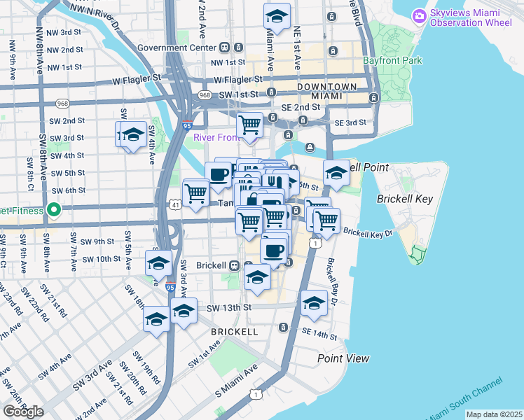 map of restaurants, bars, coffee shops, grocery stores, and more near 88 Southwest 7th Street in Miami